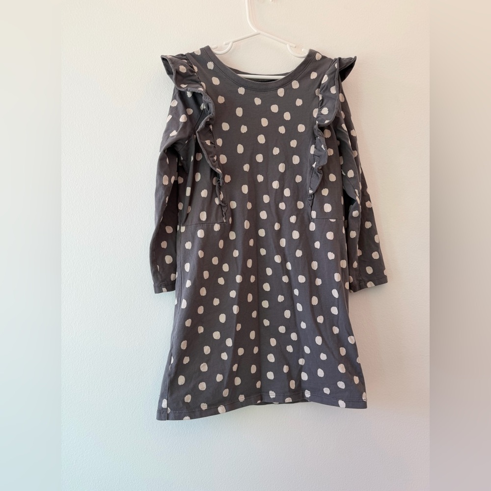 Tea gray polka dot ruffle dress, 100% cotton